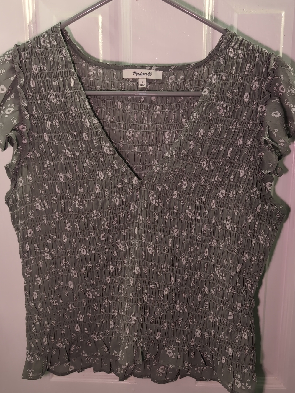 Madewell Sage Green Floral Smocked V-Neck Top